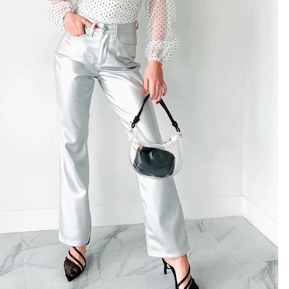 Judy‎ Blue 9/29 NEW Faux Leather Metallic Sliver Pants High Waisted Office - Picture 5 of 10